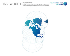 World map with vibrant triangles. Modified stereographic projection for the United States of the world. Yellow Green Blue colored polygons. Stylish vector illustration.