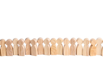 Wooden figures of people stand in a row. Waiting in line. Selection concept, choice. Search for new...
