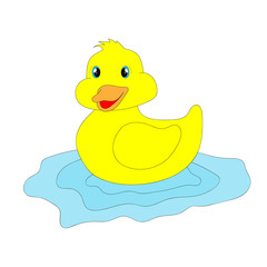 Cute cartoon funny yellow duckling swimming in the pond. Vector illustration.