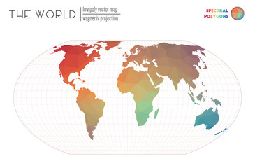 World map in polygonal style. Wagner IV projection of the world. Spectral colored polygons. Neat vector illustration.