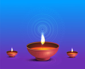 Obraz na płótnie Canvas Website header or banner design with realistic oil lamp on blue and purple background for Diwali Festival celebration.