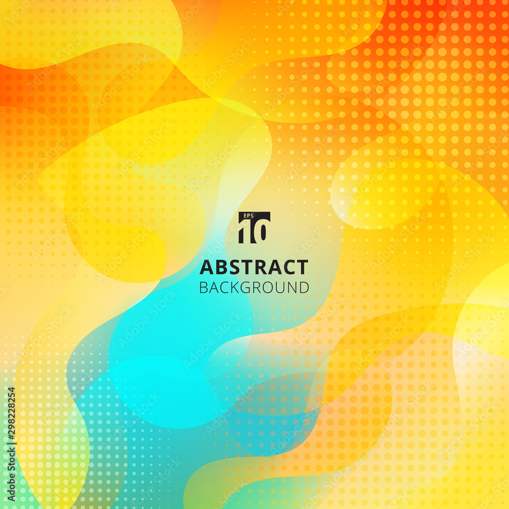 Poster abstract fluid shape design overlay on vibrant color background with halftone effect.