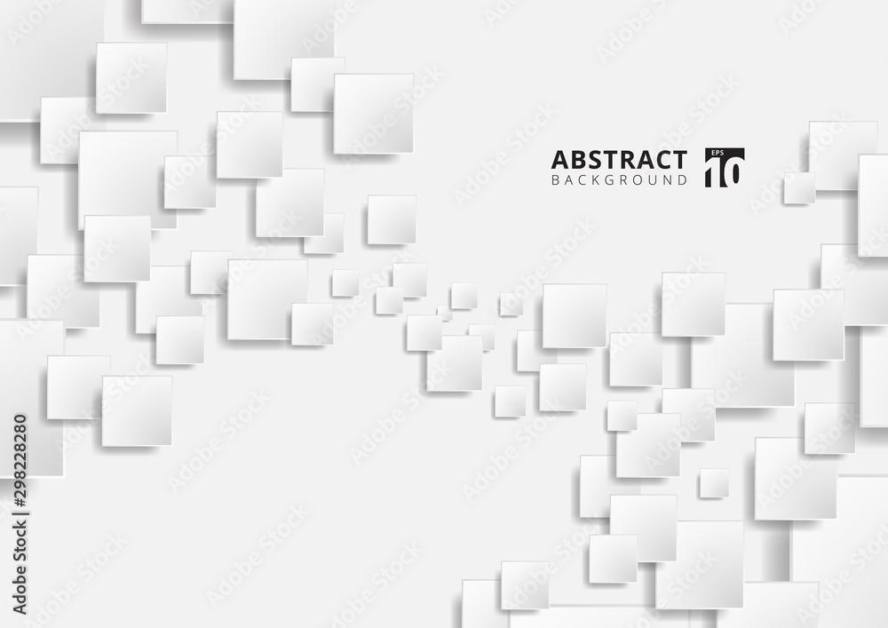 Poster abstract white geometric squares shape overlapping pattern on gray background.