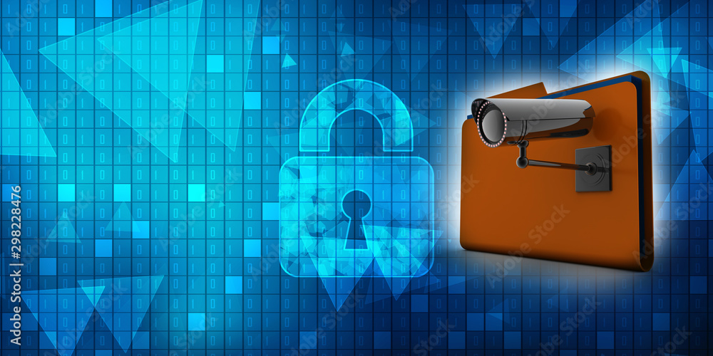 Poster 3d rendering surveillance cctv security camera connected on folder