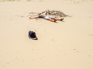 the wanderer is tired, weak in the desert