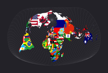 World Flag Map. Jacques Bertin's 1953 projection. Map of the world with meridians on dark background. Vector illustration.