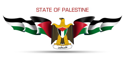 patriotic poster with flag and coat of arms of Palestine. Nation