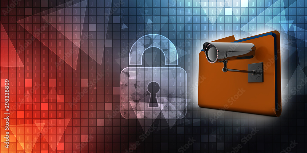 Poster 3d rendering surveillance cctv security camera connected on folder