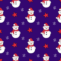 Christmas seamless pattern with snowman, fir trees and snowflakes. Perfect for wallpaper, wrapping paper, pattern fills, winter greetings, web page background
