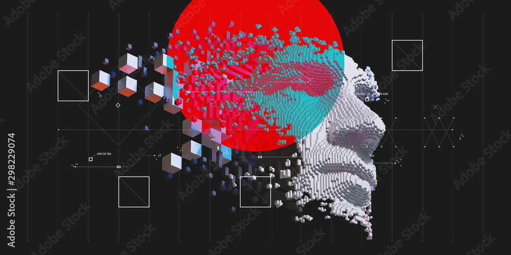 Wall mural abstract digital human face. artificial intelligence concept of big data or cyber security. 3d illus