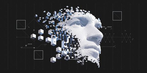Abstract digital human face.  Artificial intelligence concept of big data or cyber security. 3D illustration 