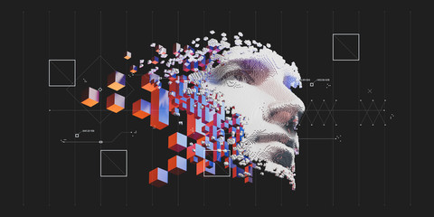 Abstract digital human face.  Artificial intelligence concept of big data or cyber security. 3D illustration  - obrazy, fototapety, plakaty