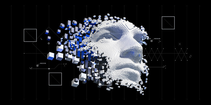 Abstract digital human face.  Artificial intelligence concept of big data or cyber security. 3D illustration 