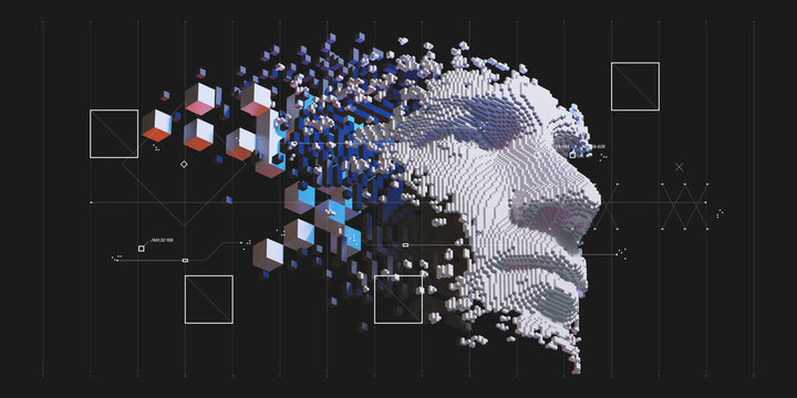 Abstract digital human face.  Artificial intelligence concept of big data or cyber security. 3D illustration 