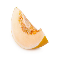 Slices sweet yellow melon with seeds isolated on white background