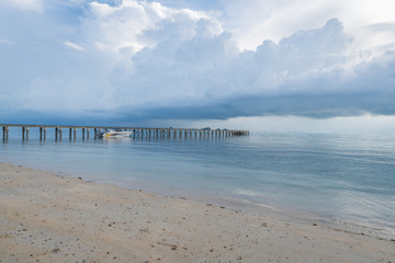 Cloudscapes on a Tropical Island, Seascapes With Wood Bridge And Yacht on Sea, Ko Samui, Thailand