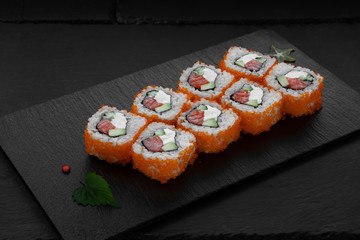 Sushi, rolls, fish dishes. Seafood delicacies