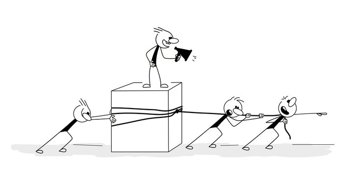 Doodle stick figure: man pushing and pulling cube, holding loudspeaker, speaker talking into megaphone. Business concept of teamwork. - Vector