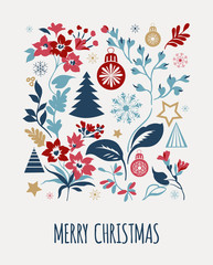 Merry Christmas greeting card. Hand drawn illustration. Winter theme greeting card. - 298230232
