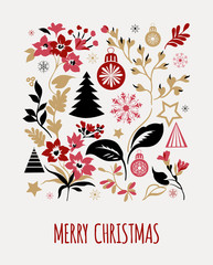 Merry Christmas greeting card. Hand drawn illustration. Winter theme greeting card. - 298230260