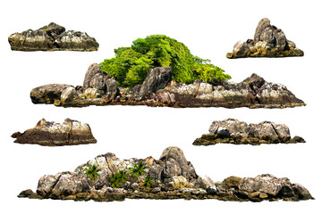 The trees. Mountain on the island and rocks.Isolated on White background