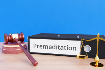 Premeditation – Folder with labeling, gavel and libra – law, judgement, lawyer