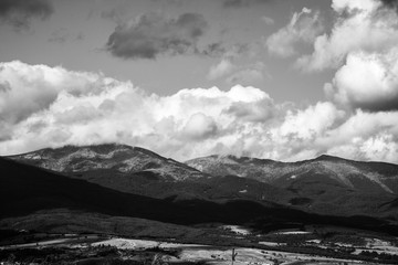 Beautiful authentic rocky landscape of the Pyrenees. Bulgaria. Natural mountain landscape as background. Black and white