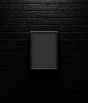 Black picture frame on dark brick wall. 3d render