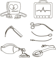 Set of objects for cardiopulmonary resuscitation. Urgent Care. Medical equipment.