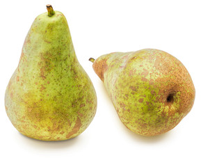 Fresh and raw whole green pears, fresh from the tree (variety conference, Pyrus communis conference). Isolated on white background