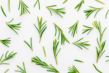 Texture of green, freshly cut rosemary leaves (Rosmarinus officinalis). Isolated on white background Ingredient of Mediterranean cuisine and healing home remedy.