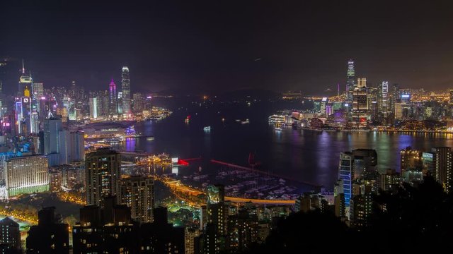 Timelapse various Hong Kong motorboats sail on wide river