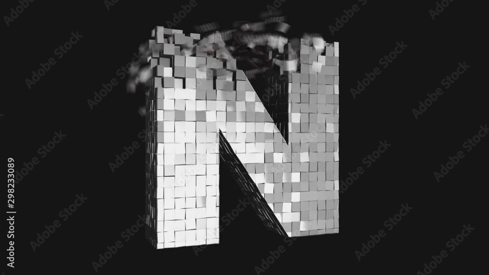 Poster transformer font - build and destroy letter n from metallic cubes, 3d letter animation on dark and c