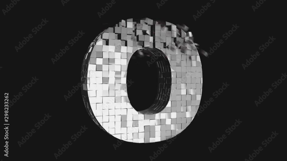 Poster transformer font - build and destroy letter o from metallic cubes, 3d letter animation on dark and c