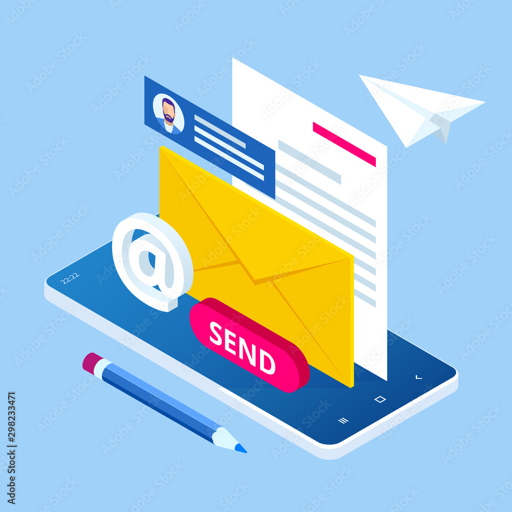 Poster isometric email inbox electronic communication. e-mail marketing. receiving messages. new mail recei