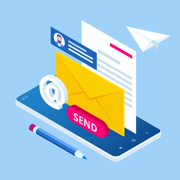 Isometric Email Inbox Electronic Communication. E-mail marketing. Receiving messages. New mail receive. Inbox message. Inbox email