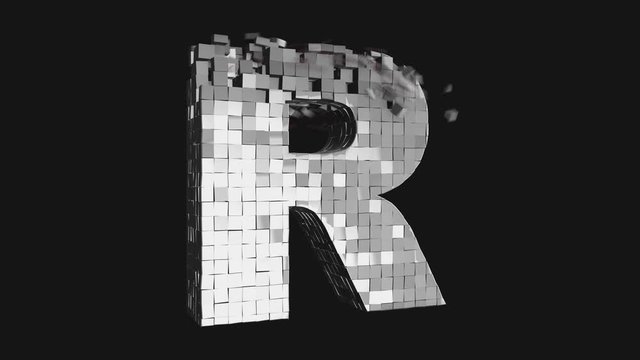 Transformer font - Build and destroy letter R from metallic cubes, 3D letter animation on dark and chroma key green screen background in 4K