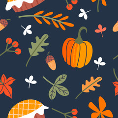 Seamless autumn pattern for thanksgiving. Autumn leaves, orange pumpkins, birthday cake, berries and acorns. Vector illustration.