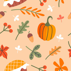 Seamless autumn pattern for thanksgiving. Autumn leaves, orange pumpkins, birthday cake, berries and acorns. Vector illustration.