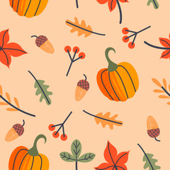 Seamless autumn pattern. Autumn leaves, orange pumpkins, berries and acorns. Vector illustration.