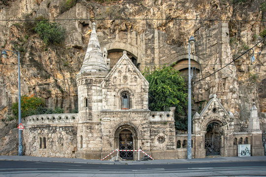 Budapest, Hungary - October 01, 2019: Front view of the beautiful old stone church at Gellért Hill Cave (Hungarian: Gellérthegyi-barlang) in Budapest, Hungary. Rock Chapel in Budapest. 