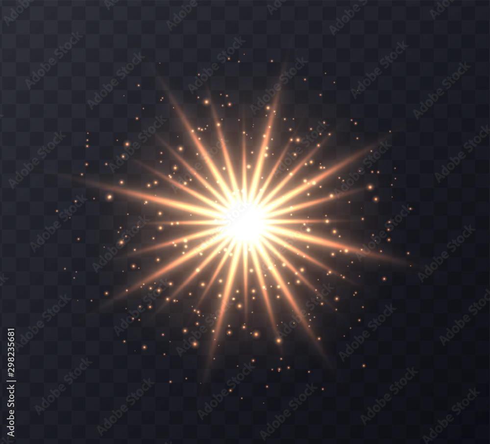 Wall mural shining sun flare with stars and sparkles isolated on dark transparent background. golden ens flare,