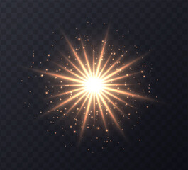 Shining sun flare with stars and sparkles isolated on dark transparent background. Golden ens flare, stardust, shining star with rays concept. Glowing vector light effect. - obrazy, fototapety, plakaty