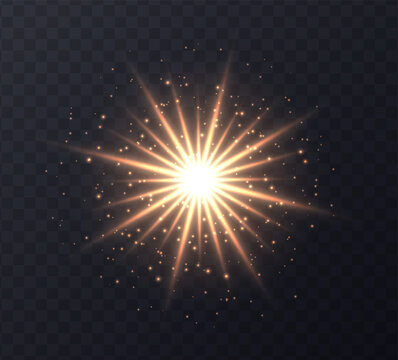 Shining sun flare with stars and sparkles isolated on dark transparent background. Golden ens flare, stardust, shining star with rays concept. Glowing vector light effect.