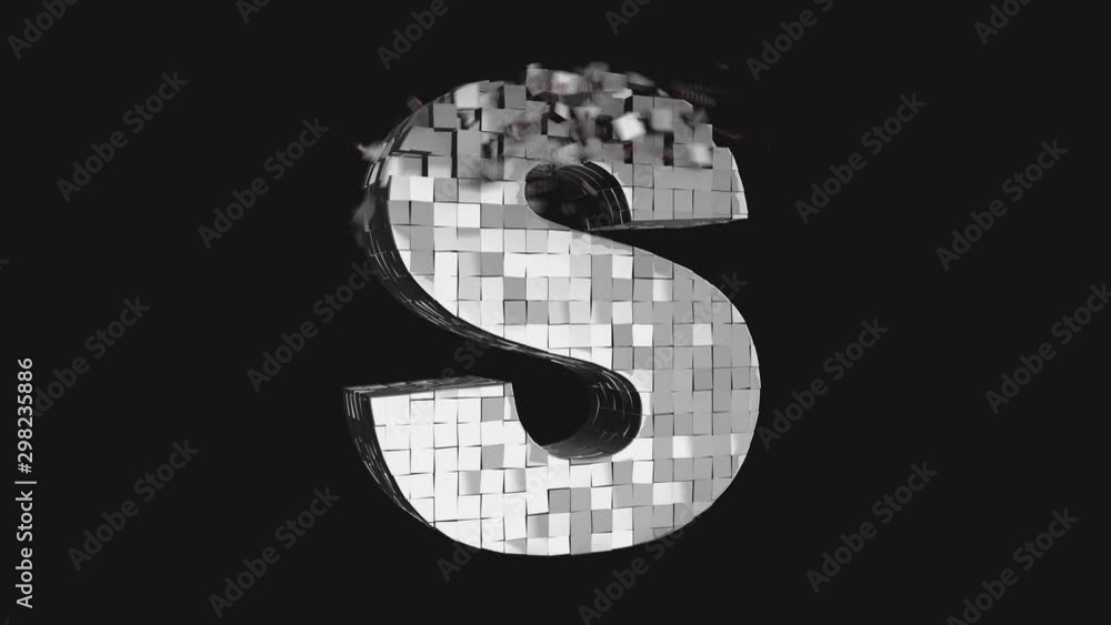 Poster transformer font - build and destroy letter s from metallic cubes, 3d letter animation on dark and c