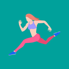 Running woman made in flat design style. Keeping fit exercises and jogging. Vector illustration.
