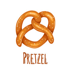 Cartoon pretzel with sprinkling and lettering. German appetizer. Treats for the holidays. Bakery product. Vector object for poster, articles, menus, cards and your creativity.