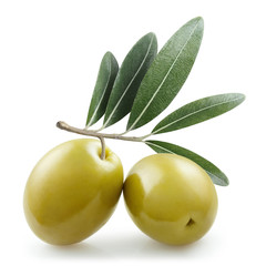 Delicious green olives with leaves, isolated on white background