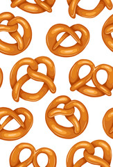 Seamless pattern with various cartoon pretzels. German appetizer. Treats for the holidays. Bakery product. Vector texture for wallpaper, backdrop, cards and your creativity.