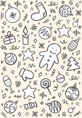 Simple New Year and Christmas doodle pattern with different balls, sock, mitten, star, gift, candy and tree. Hand drawn holiday vector illustration